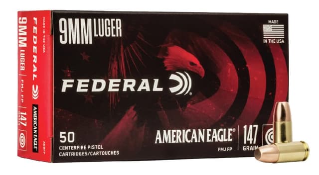 Federal American Eagle 147gr 9mm Flat Point FMJ Ammo, 50rds – $12.99