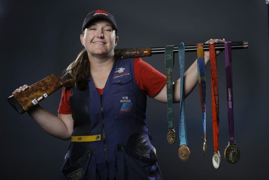 Kim Rhode poses with her Olympic medals in 2016. (Photo: Jae C. Hong / Associated Press)