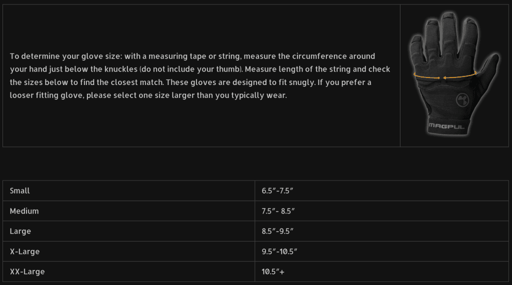 Magpul Glove Sizing