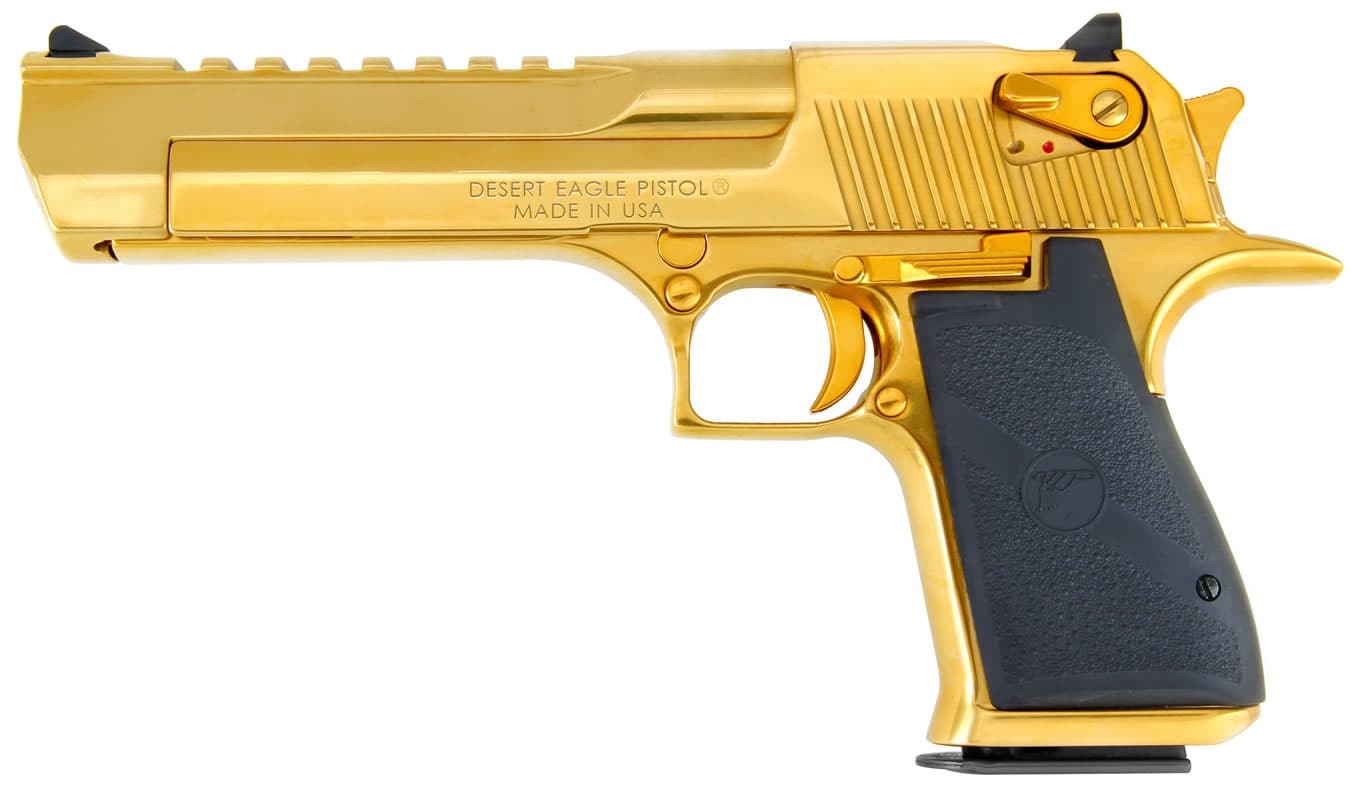 We couldn't find it in stock anywhere, but the .44 Mag Desert Eagle does come in 24k Gold...