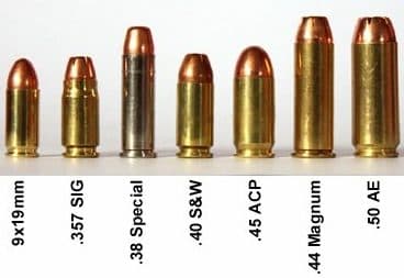 9mm, .357 Sig, .38 Spl, .40 SW, .45 ACP, .44 Mag, .50 AE