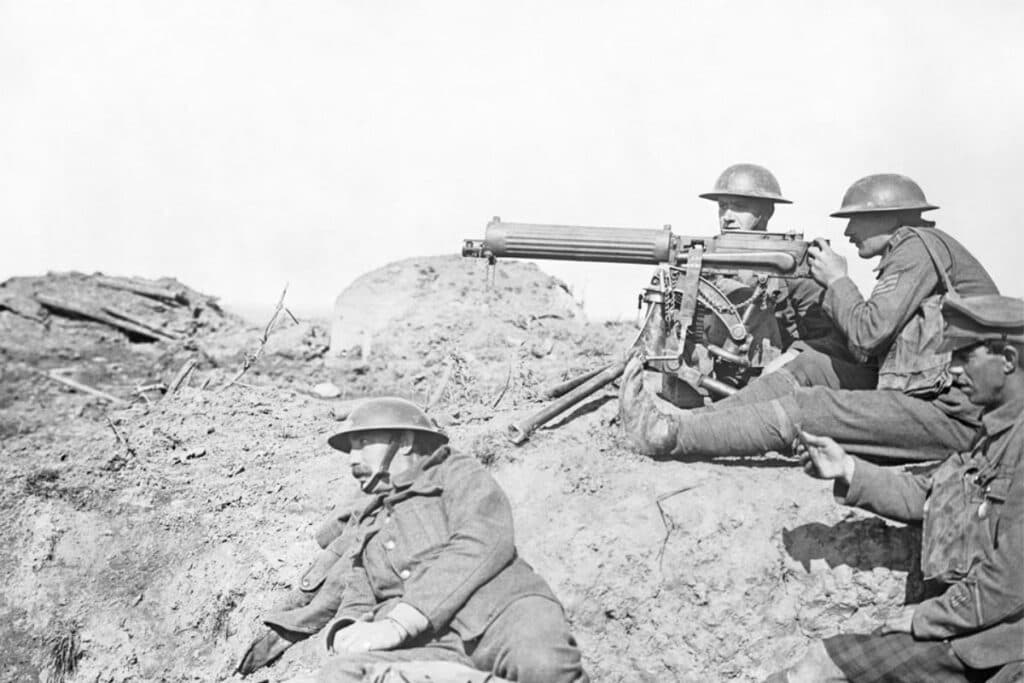 British soldiers man a Vickers machine gun during the Battle of Menin Road Ridge in 1917.