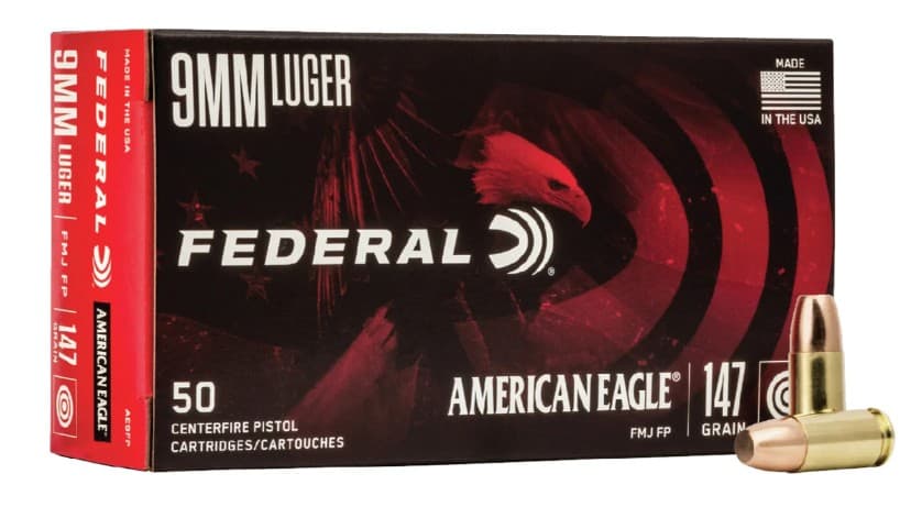 Federal American Eagle 147gr 9mm Flat Point FMJ Ammo, 50rds – $12.99