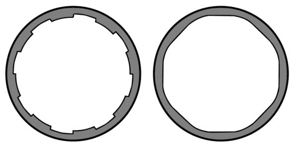 Conventional rifling (left) and polygonal rifling (right)