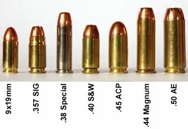 9mm, .357 Sig, .38 Spl, .40 SW, .45 ACP, .44 Mag, .50 AE