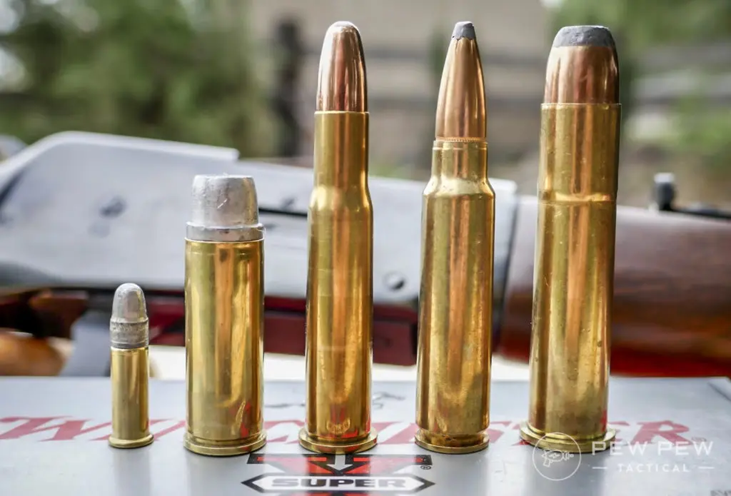 L to R - 22 LR, 45 Colt, 30-30 Win, 300 Savage, 45-70 Government