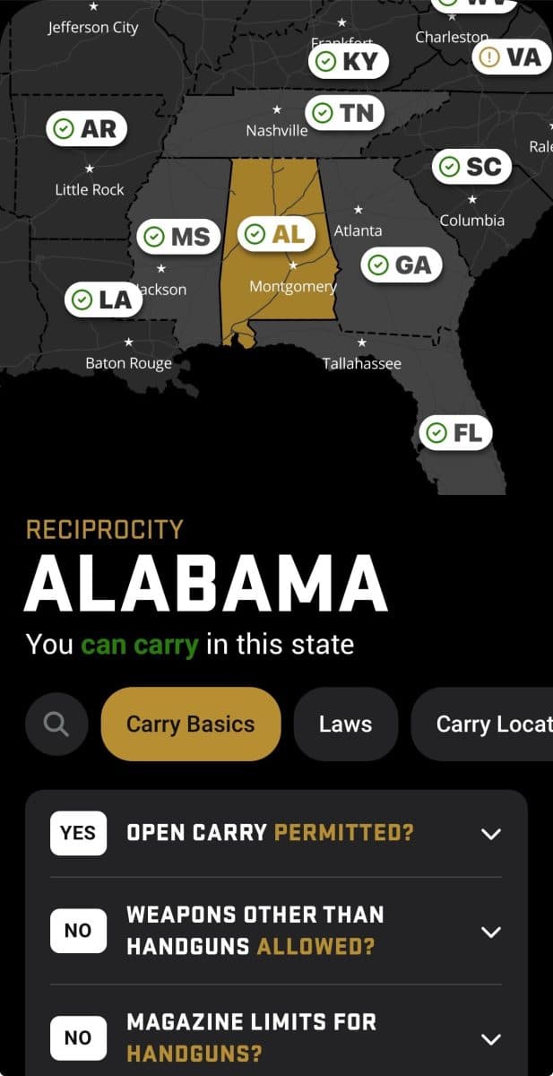 USCCA Reciprocity Map, App