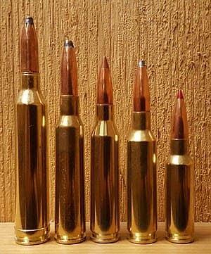 Size comparison of some 6.5mm cartridges, left to right: .264 Winchester Magnum, 6.5×55mm Swedish, .260 Remington, 6.5mm Creedmoor, 6.5mm Grendel