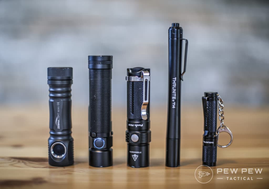 Best EDC Flashlights (L to R, Zebralight SC63, Olight S2, Fenix PD25, ThruNite Ti4, ThruNite Ti3)