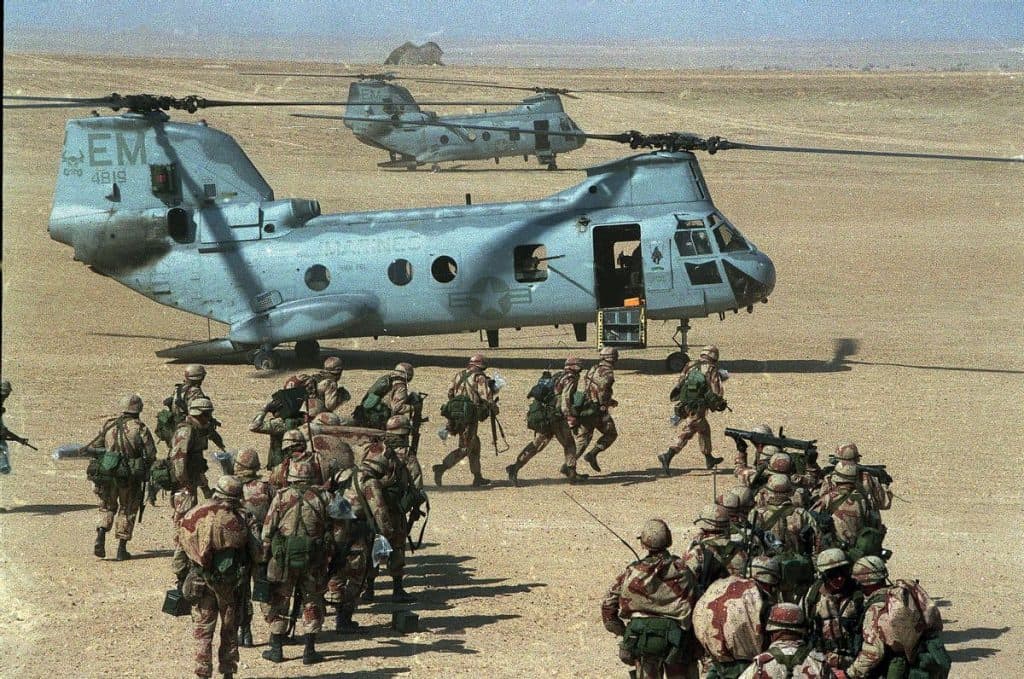 Marines board a Chinook helicopter during the Gulf War, 1991