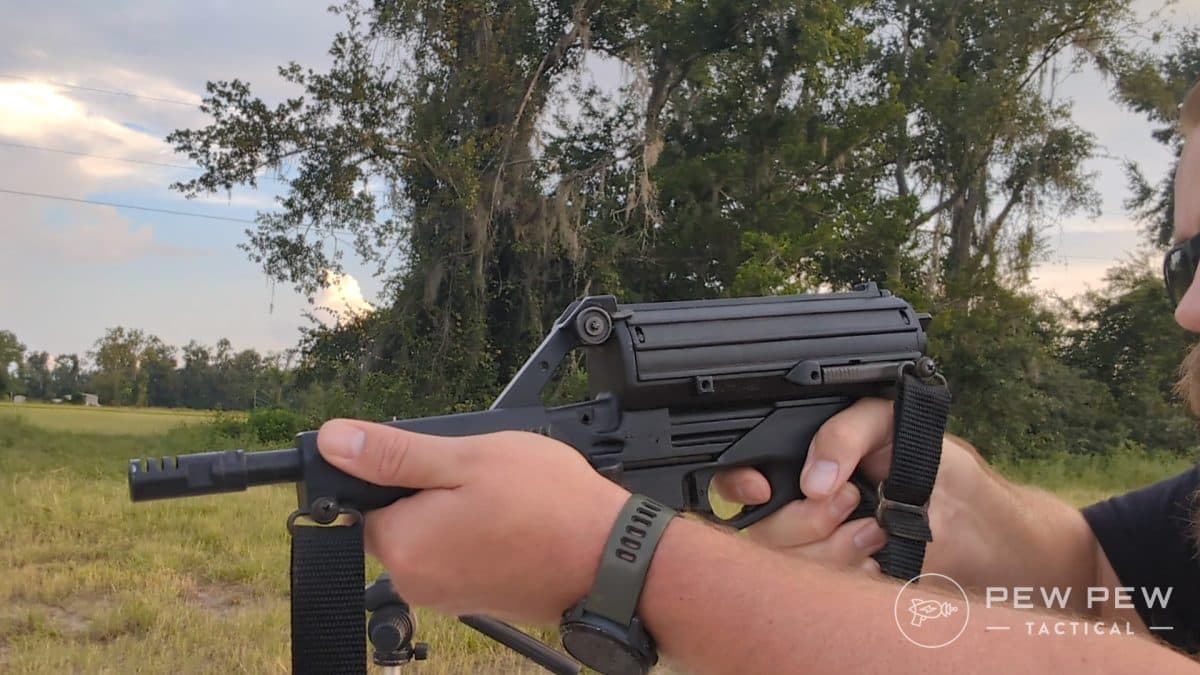 Travis shooting the Calico M950