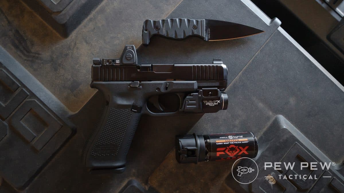 Knife, pistol, pepper spray