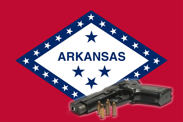 Arkansas state flag with a handgun