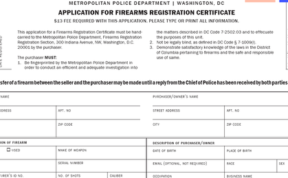 Washington DC application for firearms registration certificate