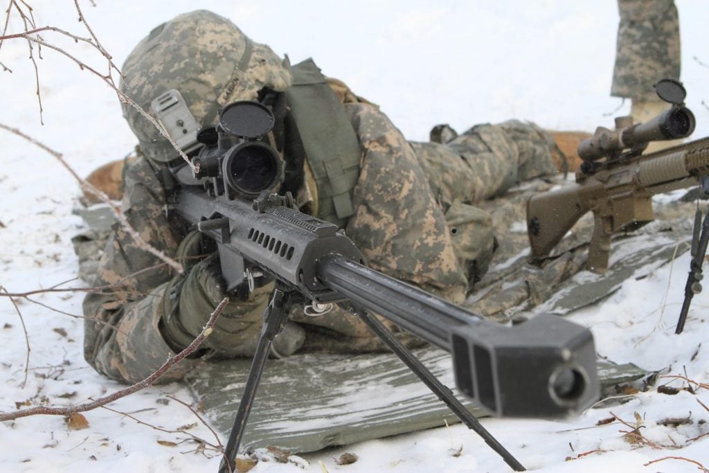 US Army Sniper in snow with M82