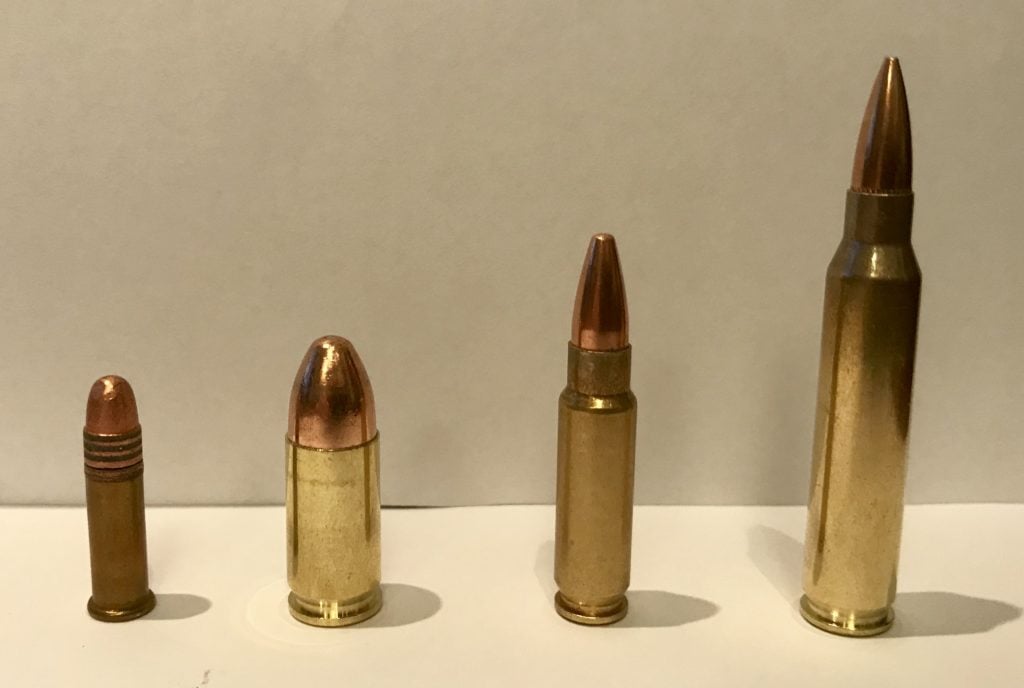 (L to R) 22LR, 9mm, 5.7x28, 5.56 NATO