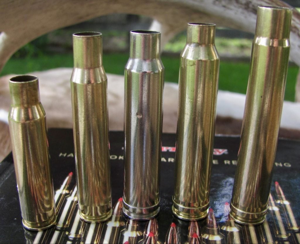 Left to Right .308 Winchester, 30-06 Springfield, .338 Winchester Magnum, .300 Winchester Magnum, .375 H&H Magnum