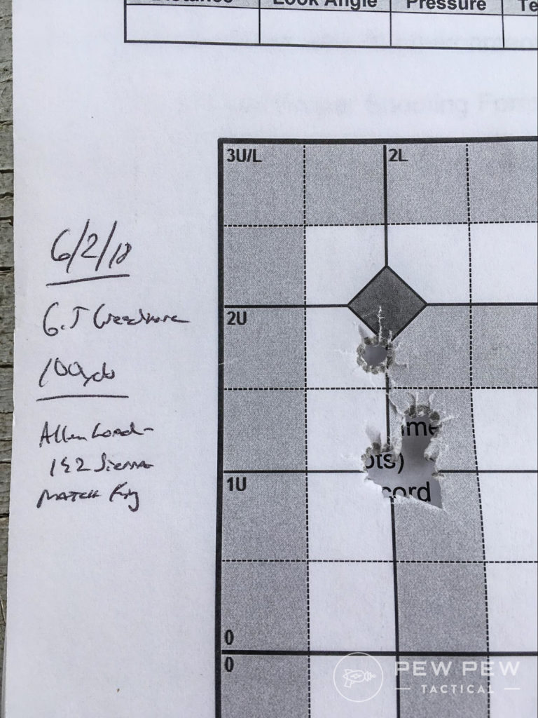 100-yard group with 142 grain Sierra MatchKing at 2620 fps