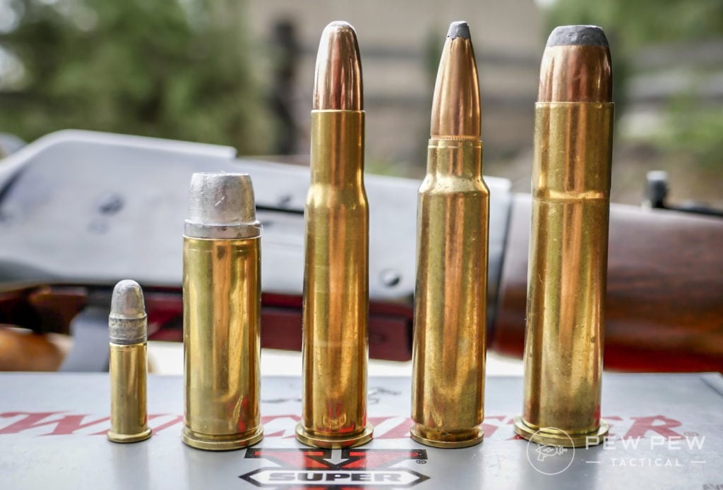 L to R - 22 LR, 45 Colt, 30-30 Win, 300 Savage, 45-70 Government