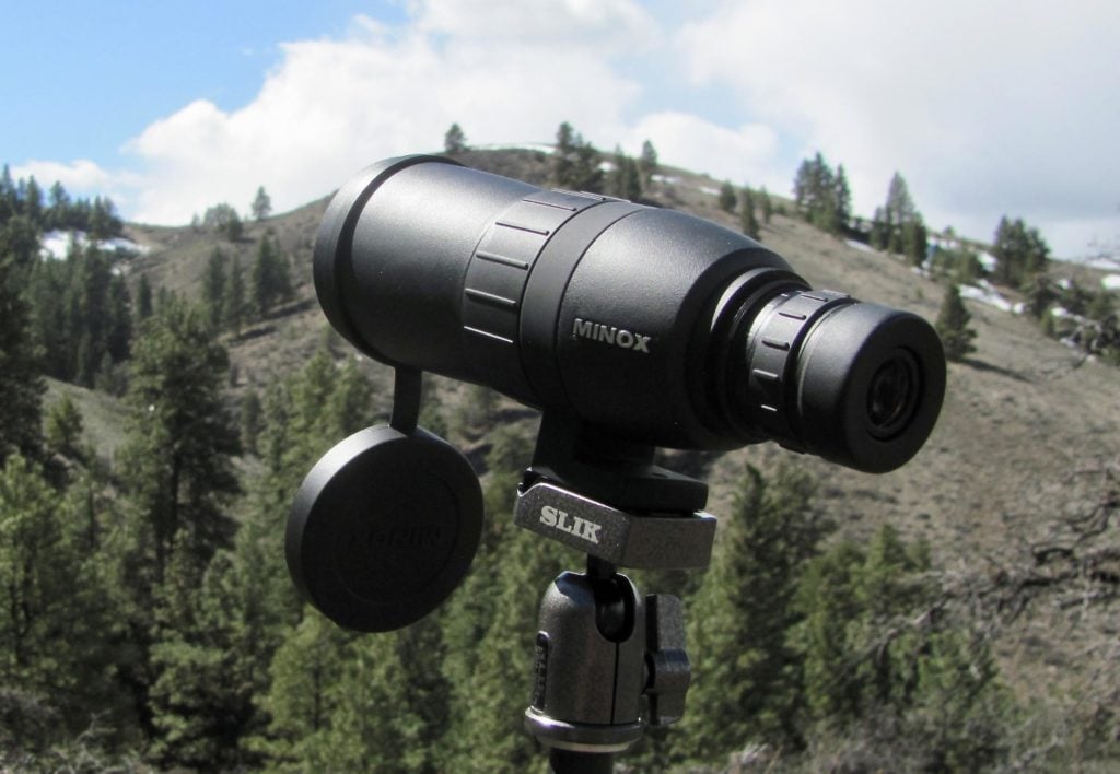 Minox spotter with straight eyepiece - looking for shed antlers.