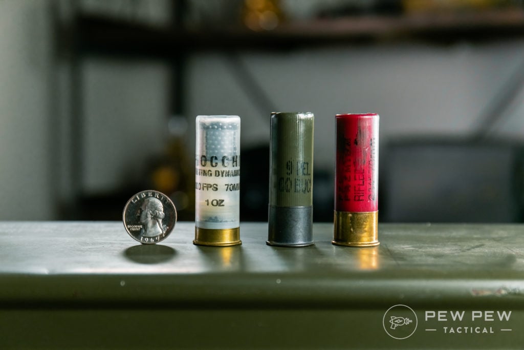 Types of 12ga Shotgun Shells (L to R: Bird, Buck, Slug)