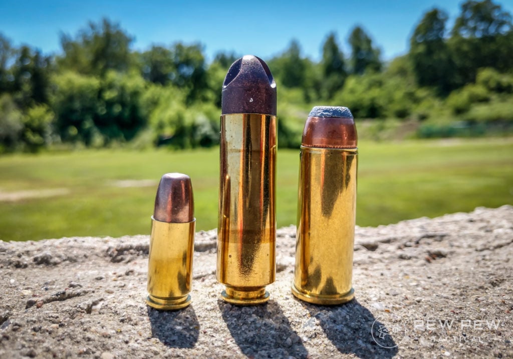 left to right 9mm, .50 Beowulf, and .500 Linebaugh