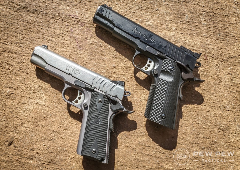 A modern-era Series 70 Ruger SR1911, picture left, and a Series 80 Remington R1, picture right