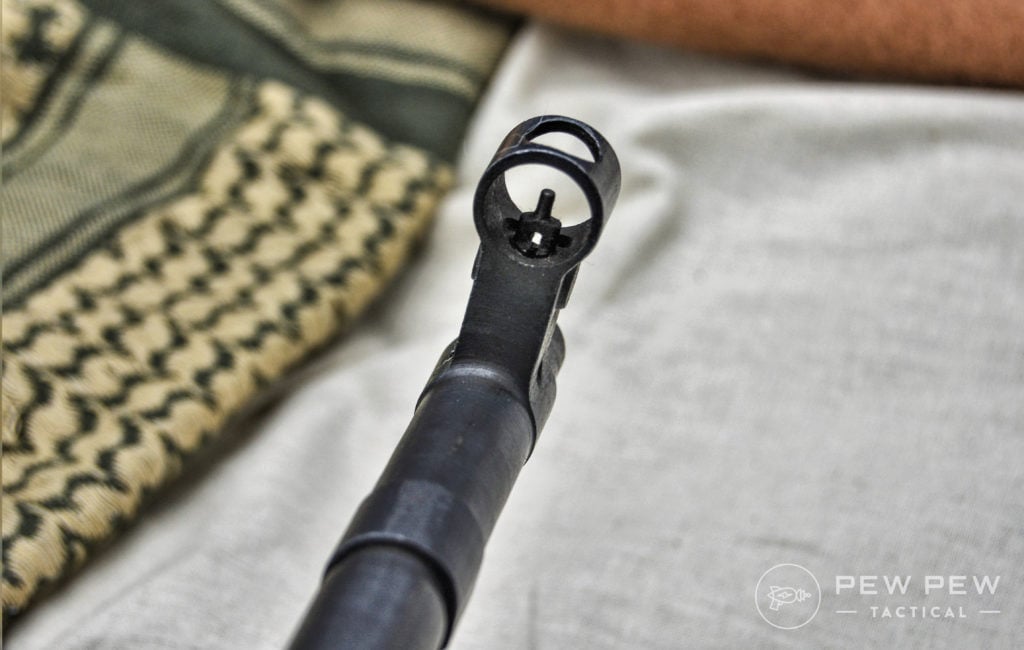 A Norinco front sight is simple and designed to quickly verify a target. SKS