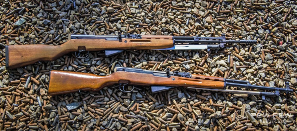 The two main SKS styles in the United States are the Yugoslavian (top) and Chinese Norinco (bottom) SKS