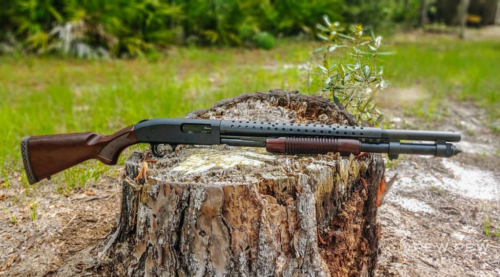 Mossberg Retro Shotguns 590 on a stump