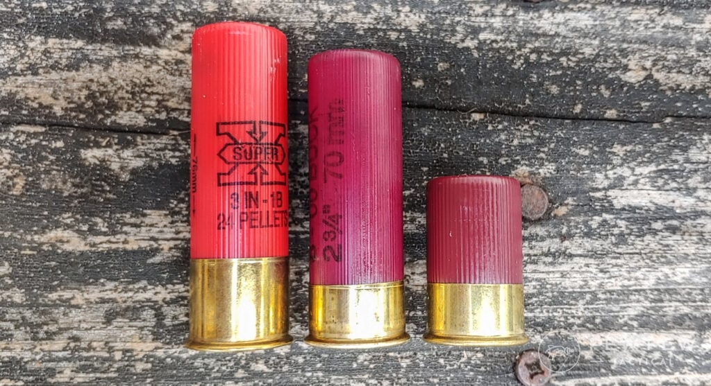 Size comparison of a 3", 2 3/4" and mini shotgun shell