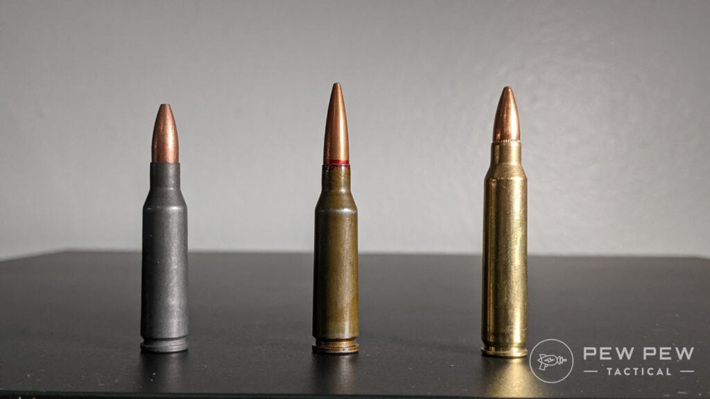 Left to right: Wolf 5.45x39mm, 7N6, .223 Rem