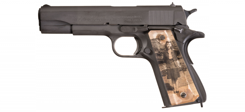 Brigadier General Guy Drewry's M1911 with a picture of his wife, Louise Northington (Rock Island Armory)