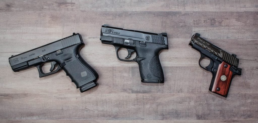 Concealed Carry Guns (L to R: Gen 4. Glock G19, Smith & Wesson Shield, Sig Sauer P238)