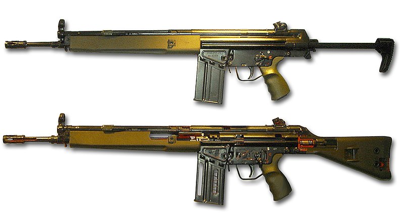 H&K G3 rifles. The lower rifle has been sectioned to show internal parts.