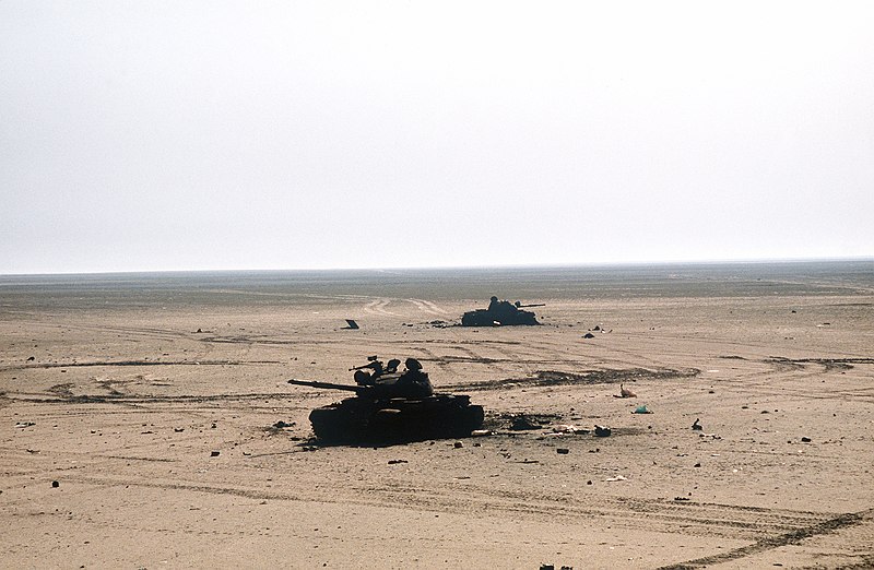 Two destroyed Iraqi T-62 tanks during the Gulf War