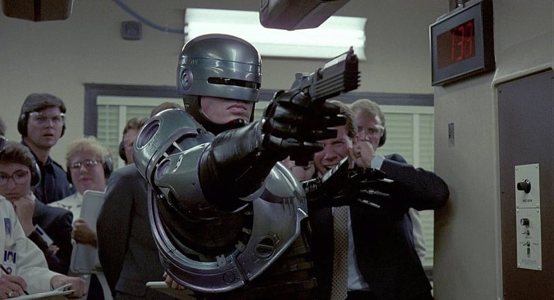 RoboCop demonstrating his skills with the Auto 9 at the range