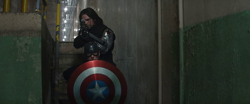 Bucky and Captain America face off against Iron Man in Captain America Civil War