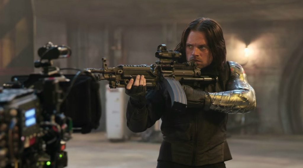 Bucky with his M249 behind the scenes Captain America Civil War