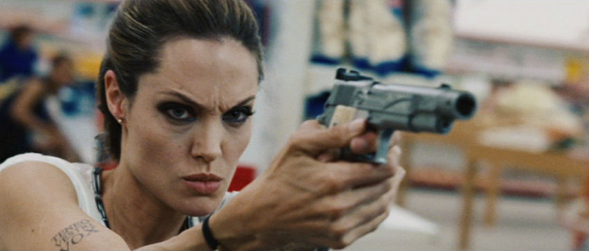 Angelina Jolie in the grocery store shootout scene