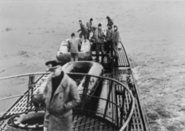 Inflatable rafts on a U-537 in Martin Bay, Labrador