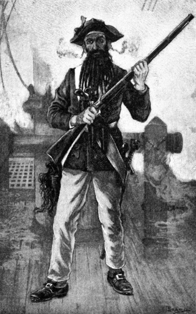 Blackbeard at attention with rifle