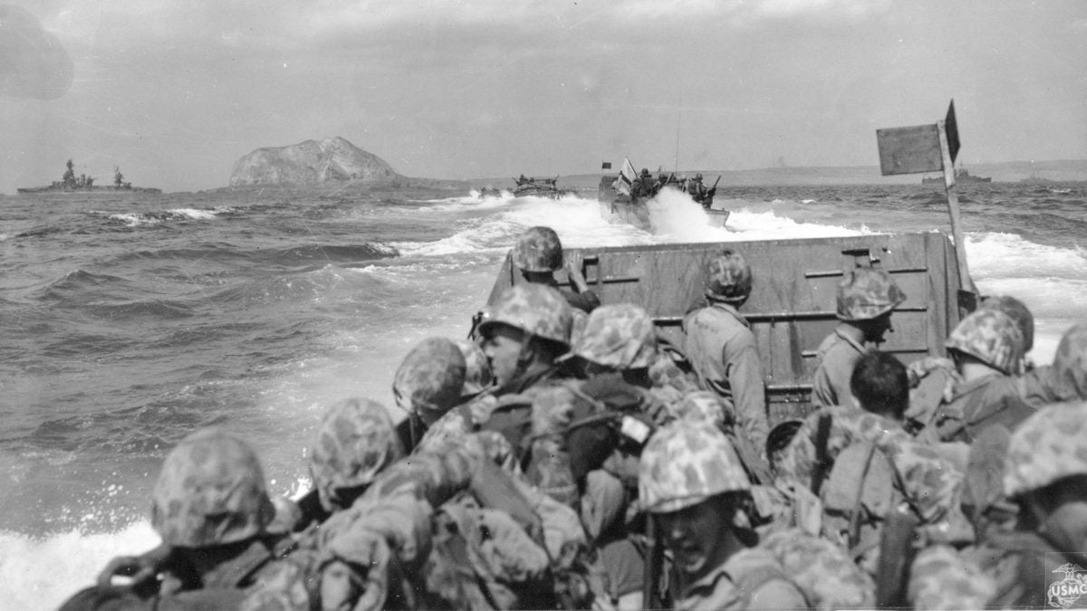 U.S. Marines approaching Iwo Jima in a Higgins boat