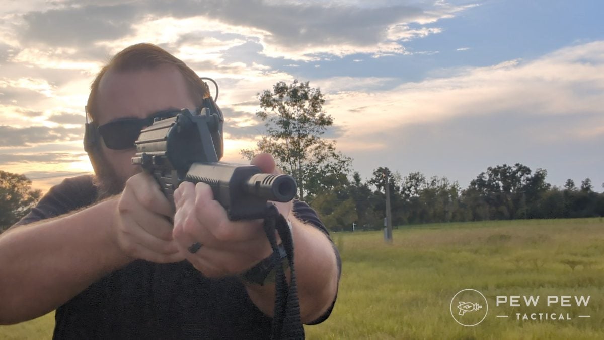 Travis shooting the Calico M950